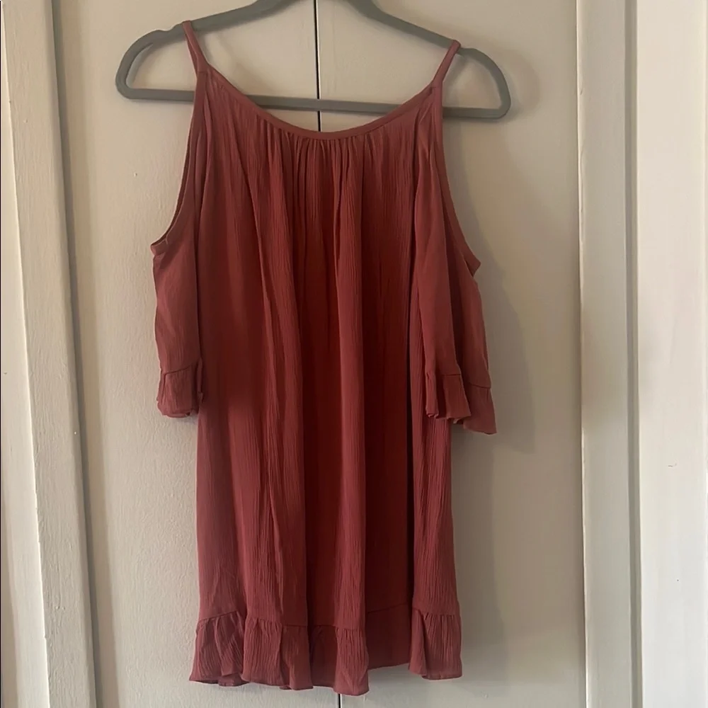 Flowy Ruffle Cold Shoulder Top in Rust - Picture 5 of 5